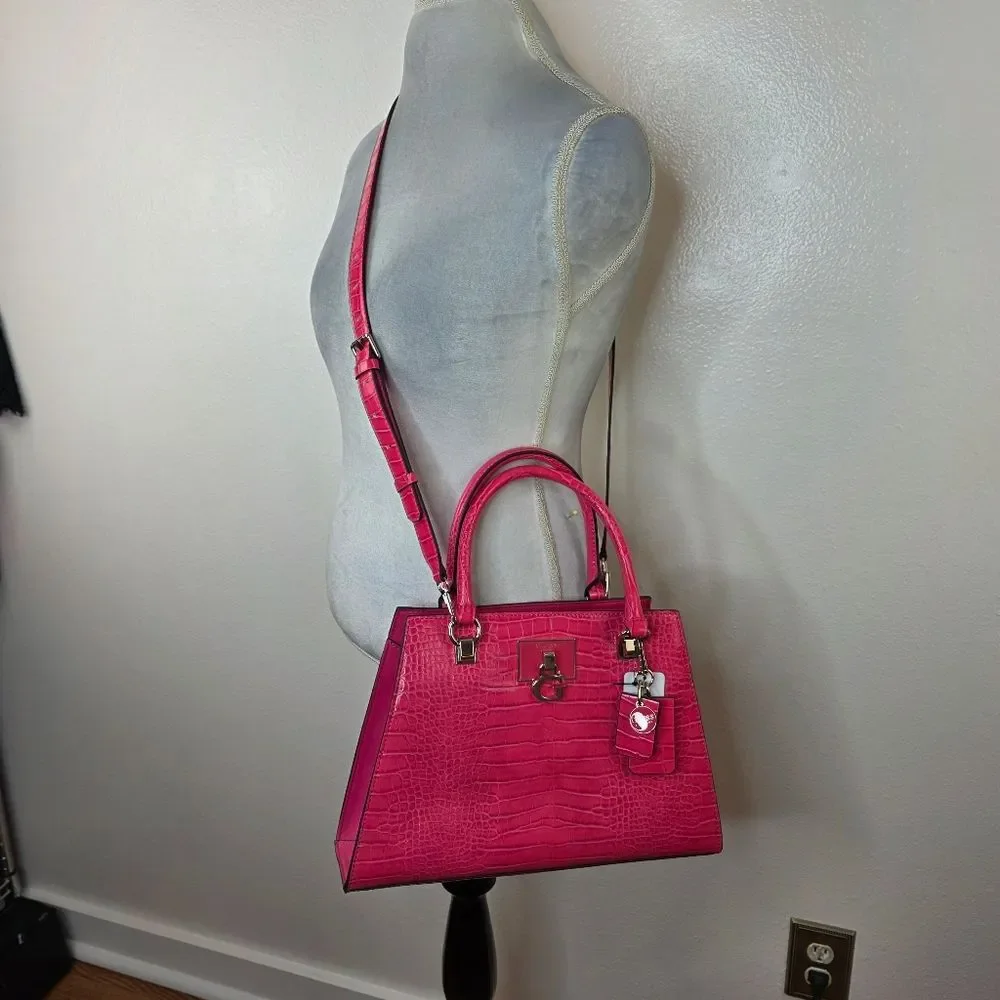 NWT Guess Pink Stephi Croc Embossed Faux Leather Satchel Medium